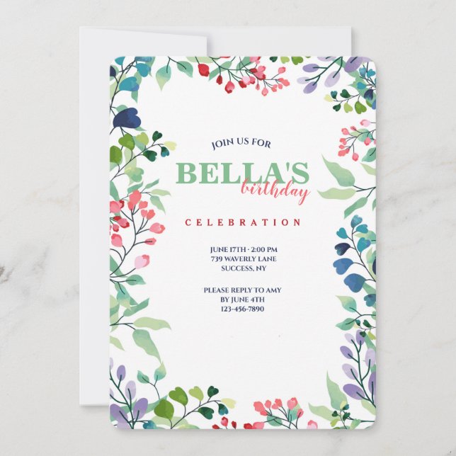 Watercolor Floral Frame Birthday Invitation (Front)