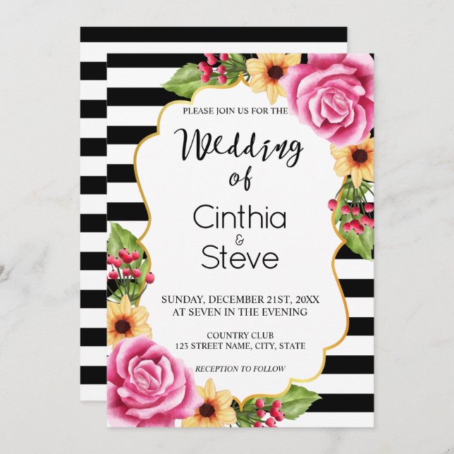 Watercolor Floral Frame Pattern Wedding Invitation (Front/Back)