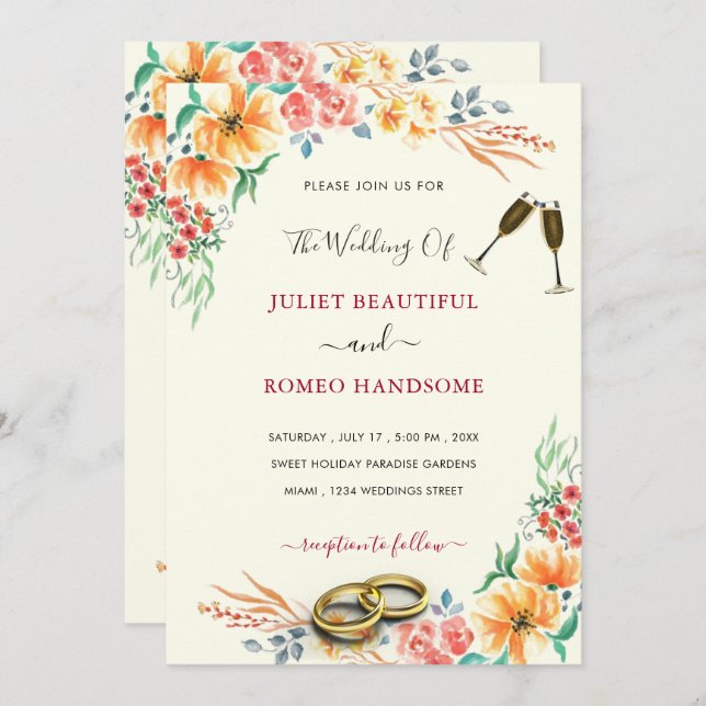 Watercolor Floral Frame Wedding Invitation (Front/Back)