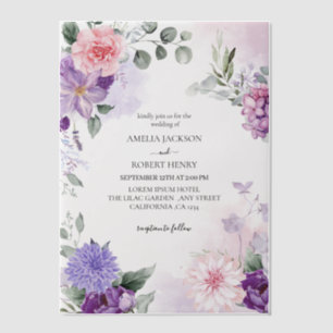 Watercolor floral french lilac lavender Wedding Vellum Invitations