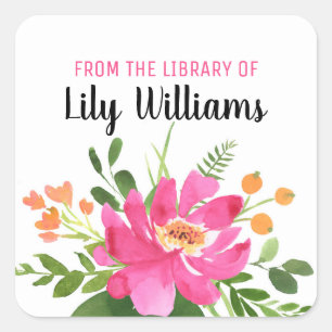 Watercolor Floral From The Library Of  Bookplate Square Sticker