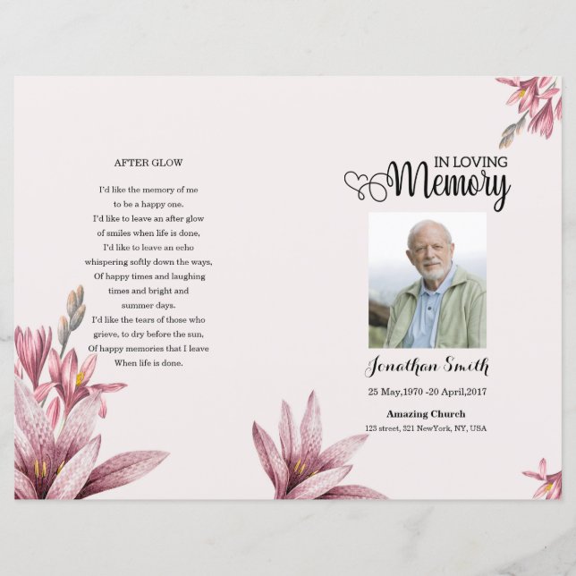 Watercolor floral Funeral Program template (Front)