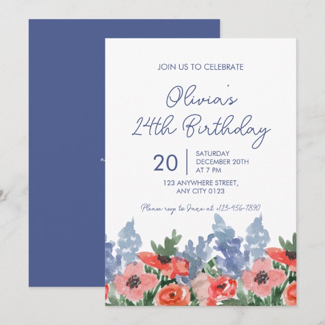 watercolor Floral Garden Birthday Party Invitation (Front/Back)
