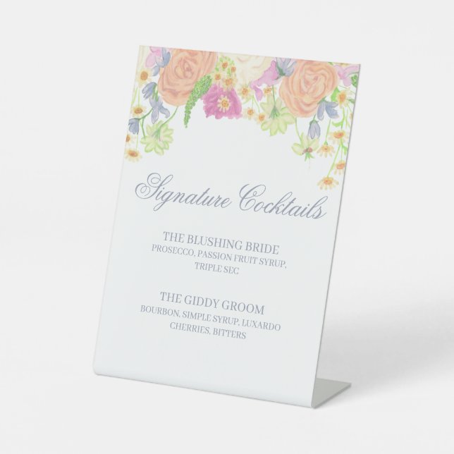 Watercolor Floral Garden Party Cocktail Menu Pedestal Sign (Front)
