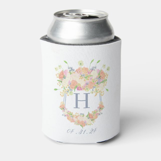 Watercolor Floral Garden Party Crest Can Cooler (Can Back)
