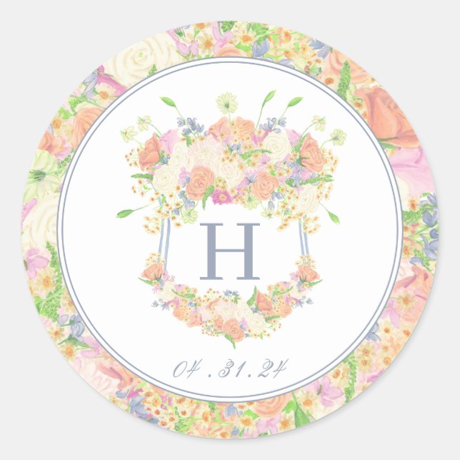 Watercolor Floral Garden Party Crest Classic Round Sticker (Front)