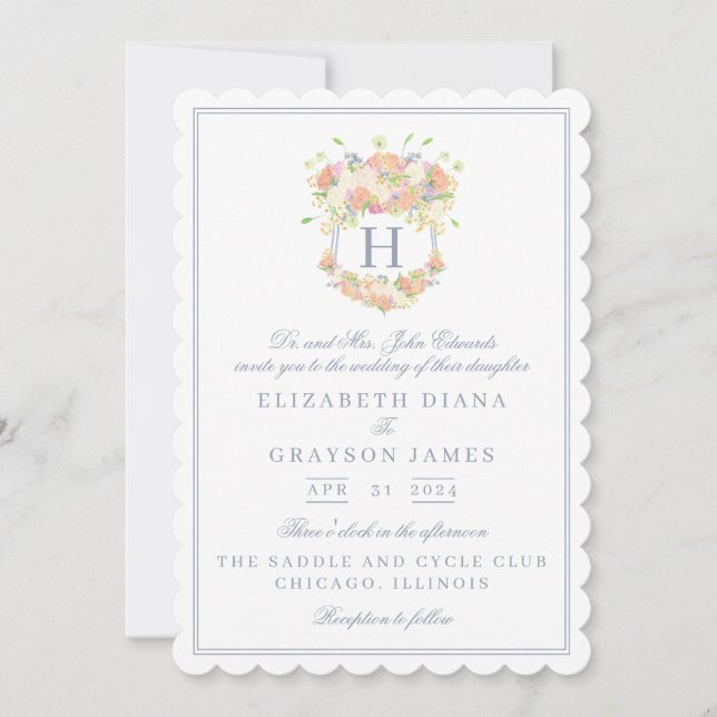 Watercolor Floral Garden Party Crest Wedding Invitation (Front)