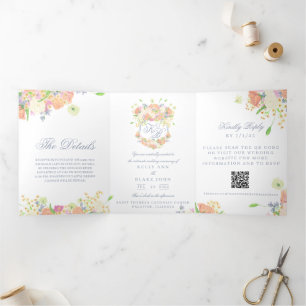 Watercolor Floral Garden Party Crest Wedding Tri-Fold Invitation