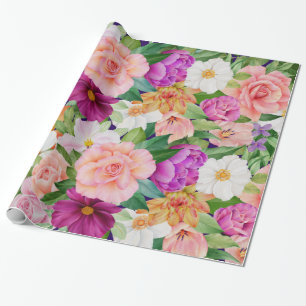 Watercolor Floral Garden Roses Cosmos Colourful Wrapping Paper