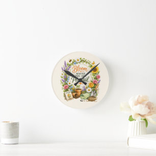 Watercolor Floral Gardening Inspirational Design Round Clock