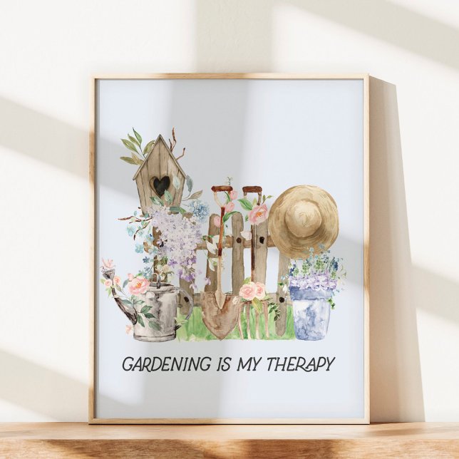 Watercolor Floral Gardening Tools and Quote Poster (In situ under sunlight)