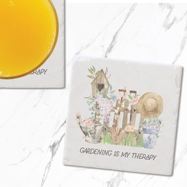 Watercolor Floral Gardening Tools and Quote Stone Coaster (In situ)