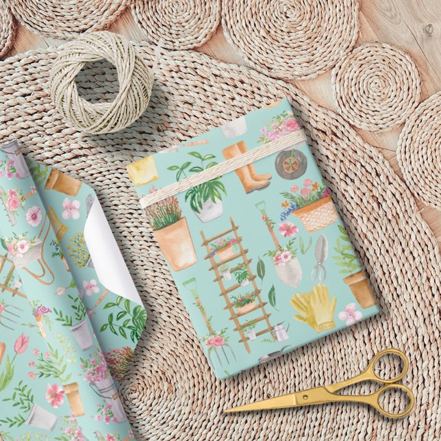 Watercolor Floral Gardening Tools Garden Wrapping Paper (In situ)