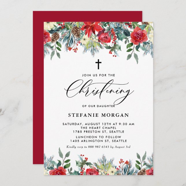 Watercolor Floral Garland Winter Christening Invitation (Front/Back)