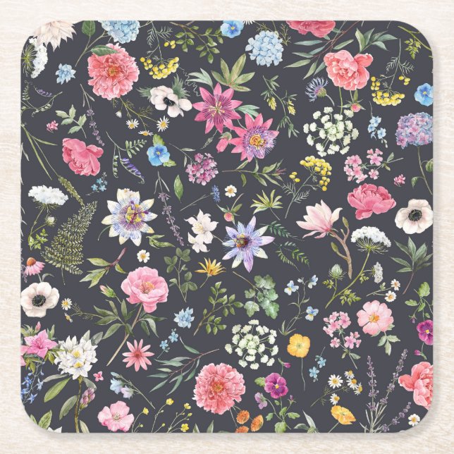 Watercolor Floral: Gentle Summer Pattern. Square Paper Coaster (Front)