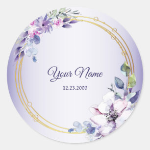 Watercolor Floral Geometric Golden Purple Wedding Classic Round Sticker
