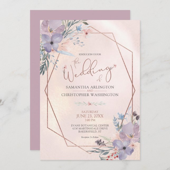 Watercolor Floral Geometric Lilac Wedding Invitation (Front/Back)