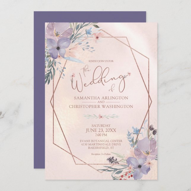 Watercolor Floral Geometric Purple Wedding Invitation (Front/Back)