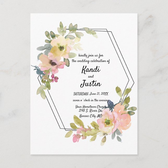 Watercolor Floral Geometric Wedding Postcard (Front)