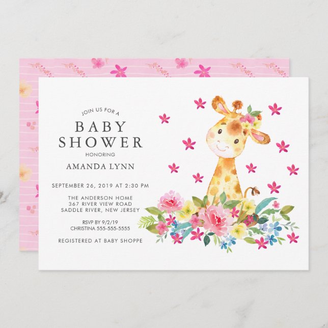 Watercolor Floral Giraffe Baby Girl Shower Invitation (Front/Back)