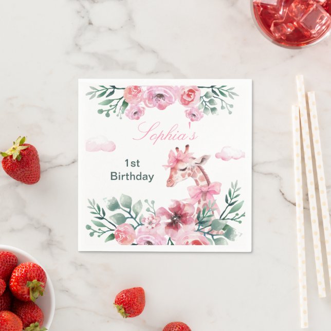 Watercolor Floral Giraffe Ribbon Girl Birthday  Napkin (Insitu)