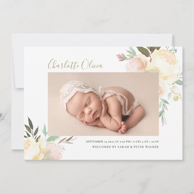 Watercolor Floral Girl Birth Announcement (Front)