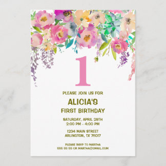 Watercolor floral girls 1st birthday invite