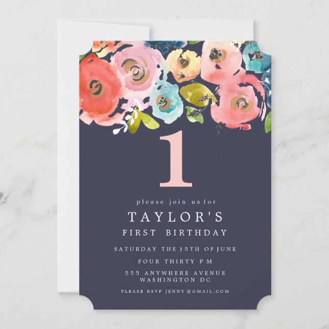 Watercolor Floral Girls 1st Birthday Invite (Front)