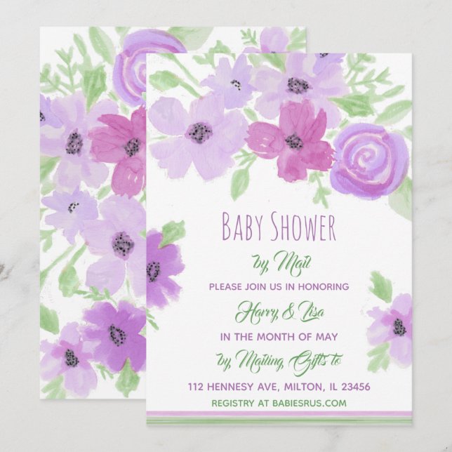 Watercolor Floral Girl's Baby Shower by Mail Invitation (Front/Back)