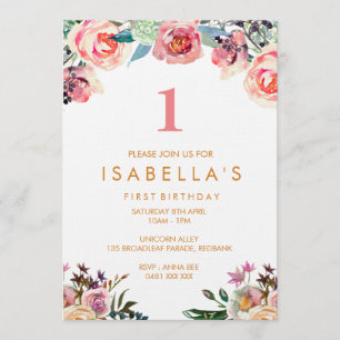 Watercolor floral girls birthday invitation