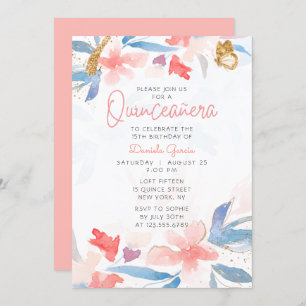 Watercolor Floral Glitter Butterfly Quinceañera Invitation