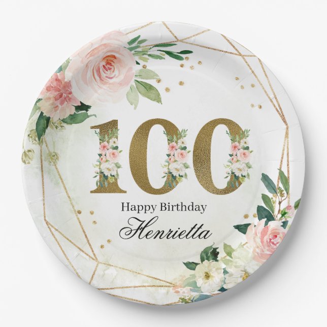 Watercolor Floral & Gold 100th Birthday Custom Paper Plate (Front)