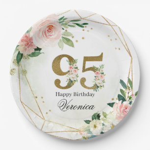 Watercolor Floral & Gold 95th Birthday Custom Paper Plate