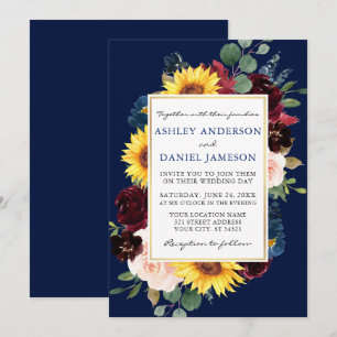 Watercolor Floral Gold Blue Wedding Invitation