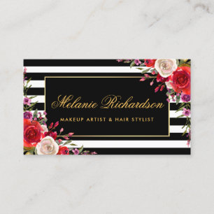 Watercolor Floral Gold Frame Striped Business Card