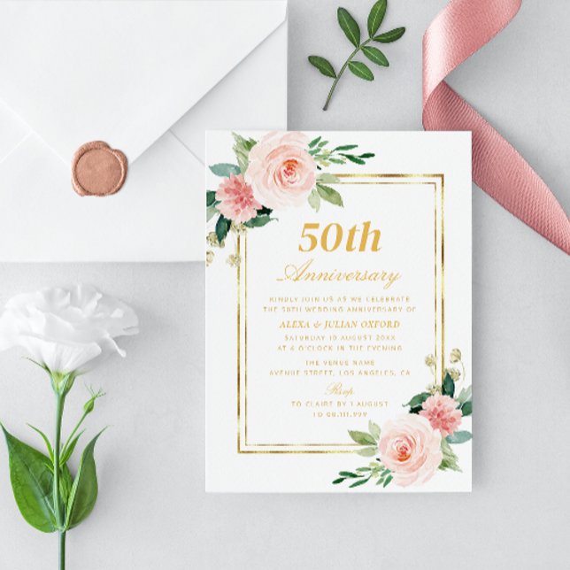 watercolor floral gold frame wedding anniversary invitation (Creator Uploaded)