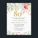 Watercolor Floral Gold Glitter 80th Birthday Party Invitation Postcard<br><div class="desc">This elegant birthday party invitation is perfect for that special lady turning 80! Featuring watercolor rose paintings and elegant text,  this design is sure to be just what you're looking for. Add your details quickly and easily to the design and take home your invitation today!</div>