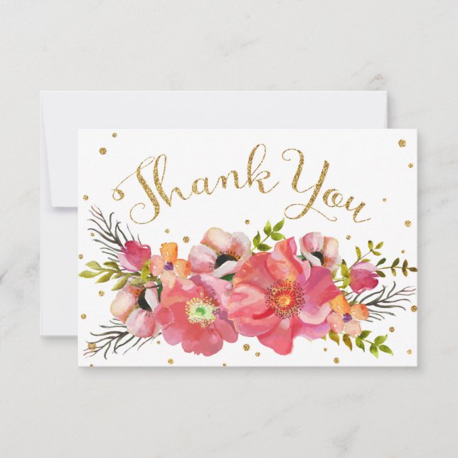 Watercolor Floral Gold Glitter Modern Thank You (Front)