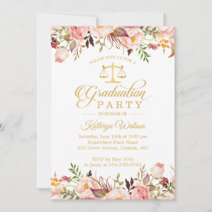 Watercolor Floral Gold Law School Graduation Photo Invitation