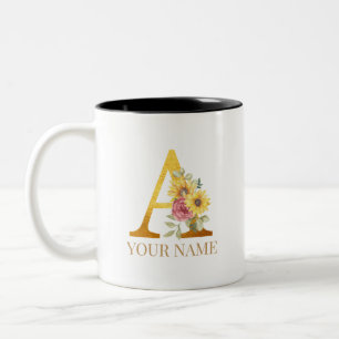 Watercolor Floral & Gold Letter A Monogram  Two-To Two-Tone Coffee Mug