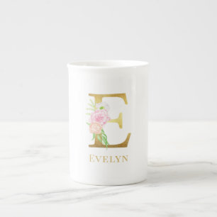 Watercolor Floral & Gold Letter E Monogram  Bone China Mug
