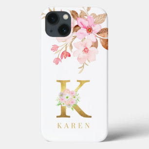 Watercolor Floral & Gold Letter k Monogram  iPhone 13 Case