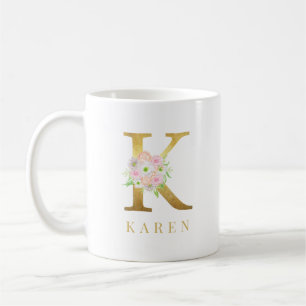 Watercolor Floral & Gold Letter k Monogram Coffee Mug