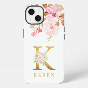 Watercolor Floral & Gold Letter k Monogram iPhone 13 Case