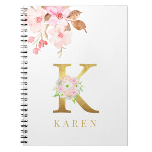 Watercolor Floral & Gold Letter k Monogram Notebook