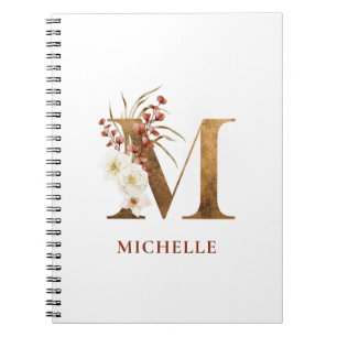 Watercolor Floral & Gold Letter M Monogram Notebook