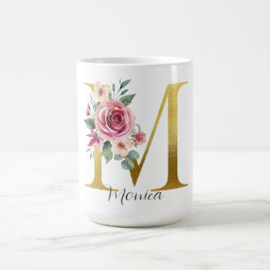 Watercolor Floral & Gold Letter M, Name Coffee Mug