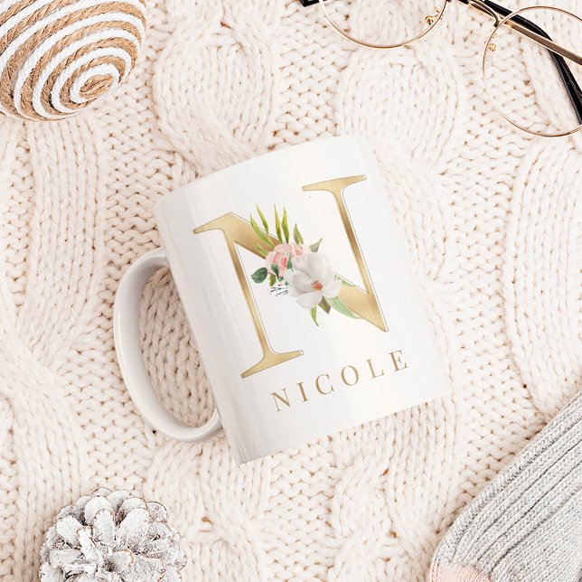Watercolor Floral & Gold Letter N Monogram Coffee Mug (Creator Uploaded)