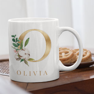 Watercolor Floral & Gold Letter O Monogram Coffee Mug