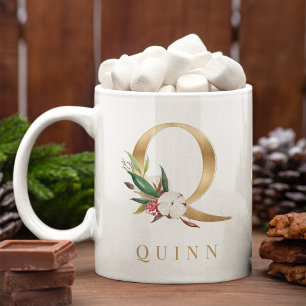 Watercolor Floral & Gold Letter Q Monogram Coffee Mug